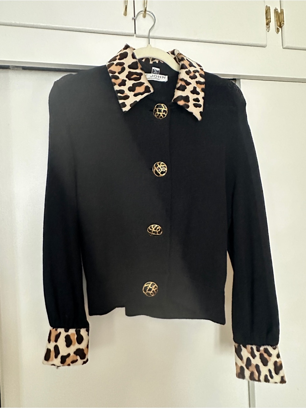 St. John Black Jacket with Leopard-Print Collar & Cuffs Small